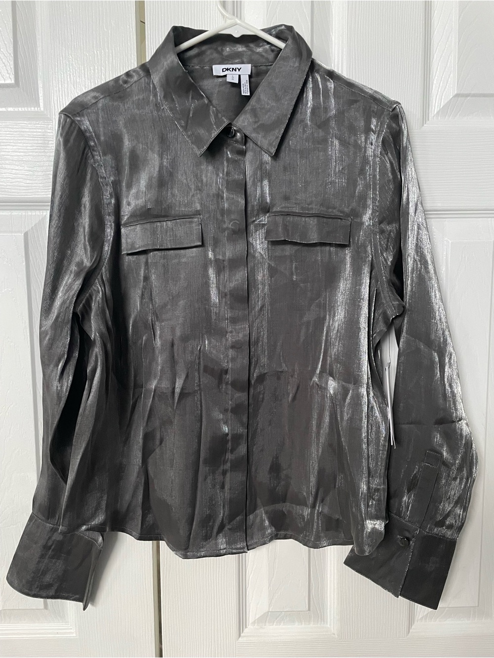 DKNY women’s Metallic Charcoal Button-Up Shirt size L